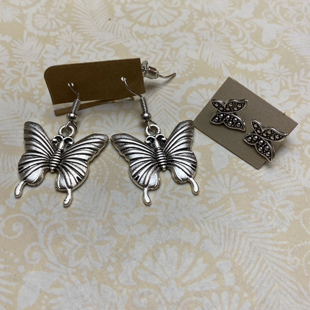 Silver Butterfly Earrings 2 Pair Set NWOT